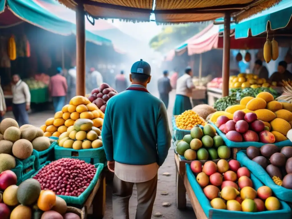 Un mercado peruano rebosante de frutas exóticas deliciosas como Cocona y Aguaje, con colores vibrantes y clientes curiosos