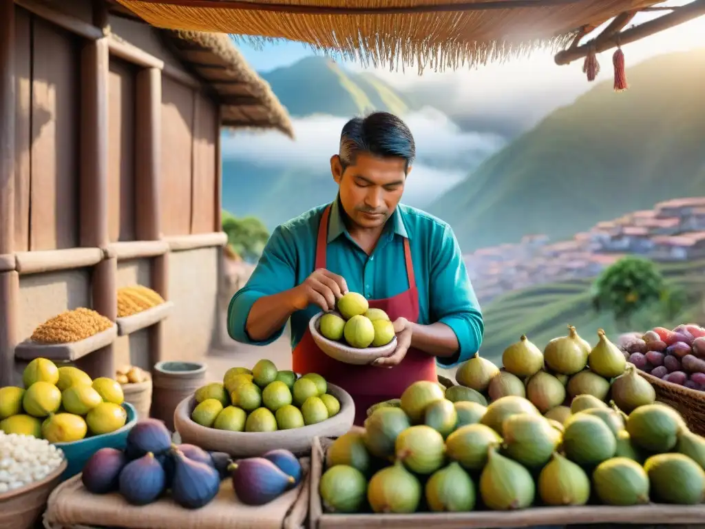 Un mercado peruano rebosante de higos frescos, preparando refresco de higo peruano tradicional