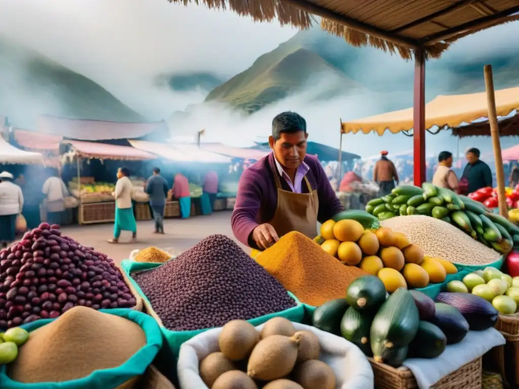 Un mercado peruano rebosante de ingredientes y platos autóctonos, colores vibrantes y cultura gastronómica
