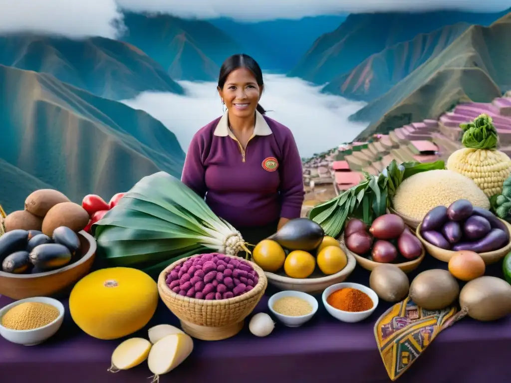 Un mercado peruano rebosante de ingredientes autóctonos en gastronomía peruana, rodeado de colores vibrantes y montañas andinas al fondo