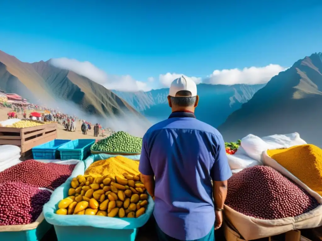 Mercado peruano rebosante de ingredientes autóctonos, fusiones y colores bajo cielo andino