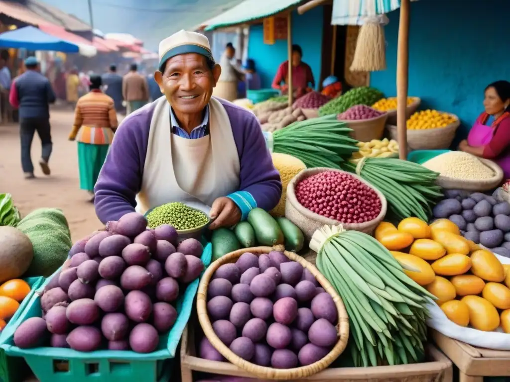 Un mercado peruano rebosante de ingredientes autóctonos, vibrantes y exóticos bajo la cálida luz del sol