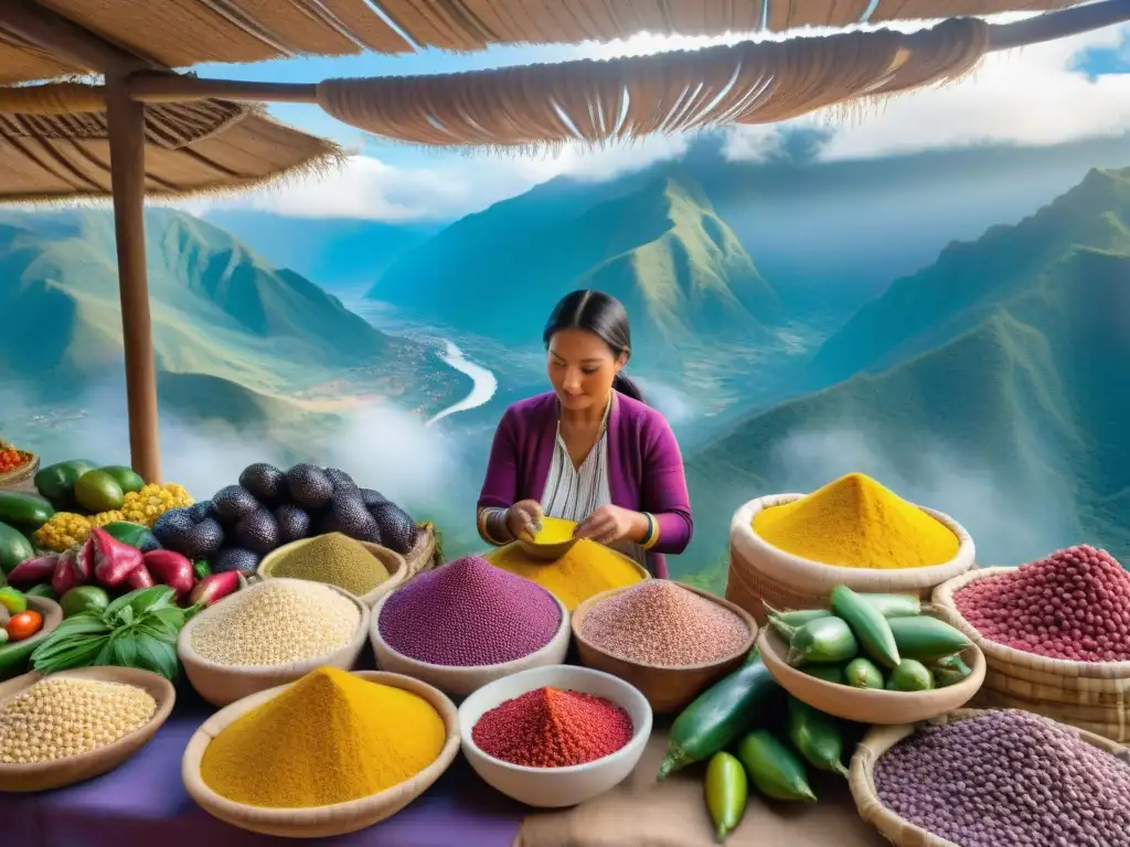 Un mercado peruano rebosante de ingredientes locales y colorida biodiversidad, capturando la esencia de la gastronomía peruana