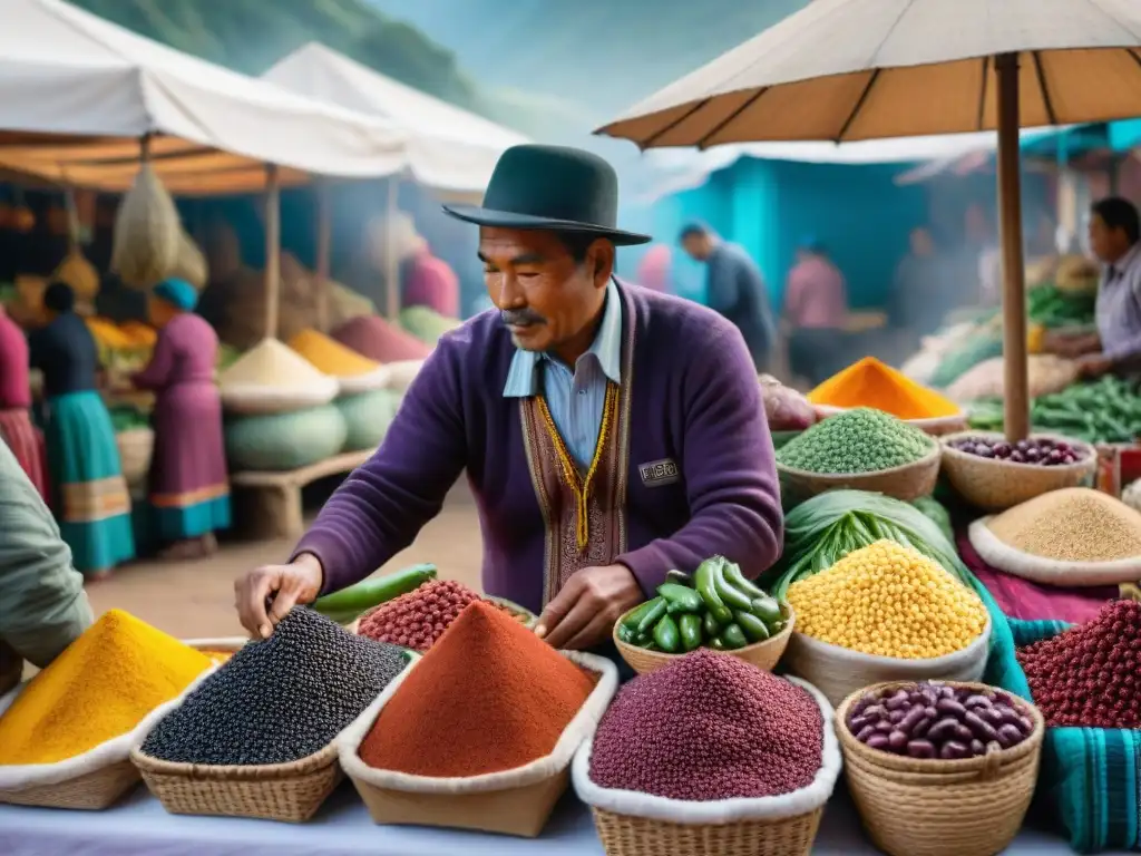 Un mercado peruano rebosante de ingredientes autóctonos de la gastronomía peruana, con colores vibrantes y escena bulliciosa