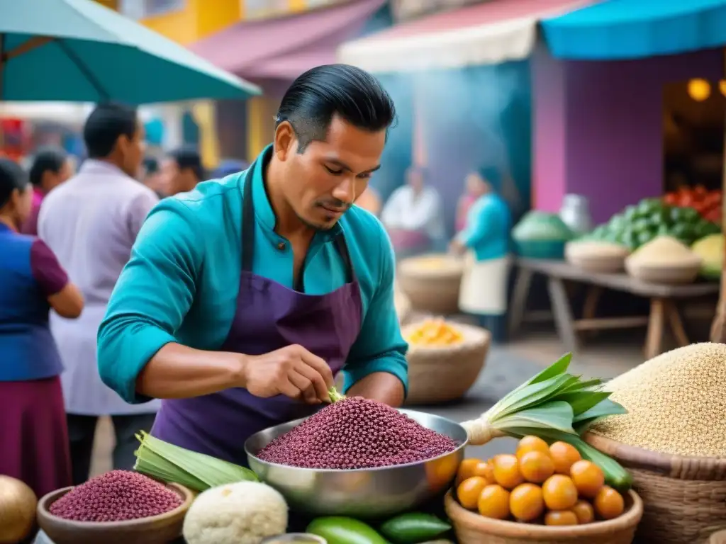 Mercado peruano rebosante de ingredientes autóctonos, con chef preparando plato tradicional y comunidad atenta