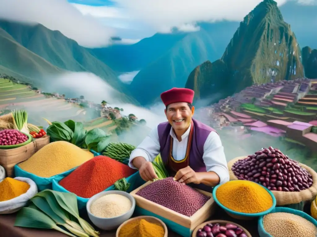 Un mercado peruano rebosante de ingredientes autóctonos para una cocina peruana moderna, con los Andes de fondo