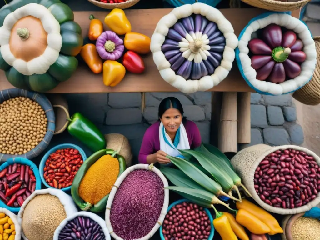 Un mercado peruano rebosante de ingredientes autóctonos en una escena vibrante y auténtica