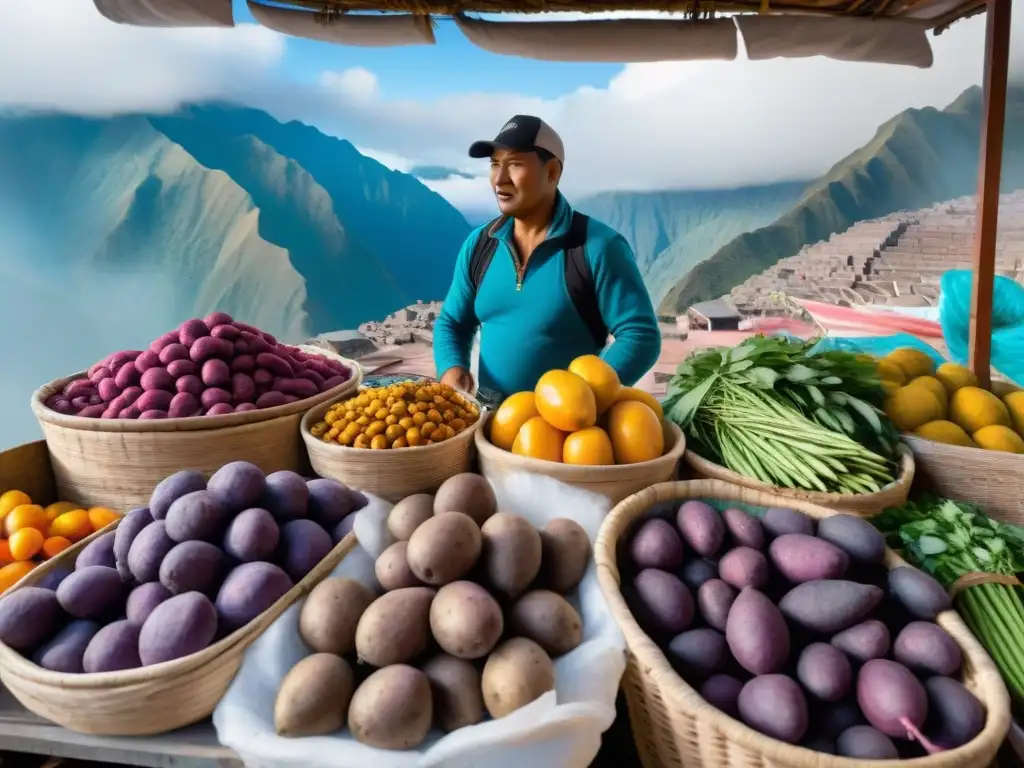 Un mercado peruano rebosante de productos frescos y coloridos, vendedores preparando ceviche y anticuchos, con una imponente montaña andina al fondo