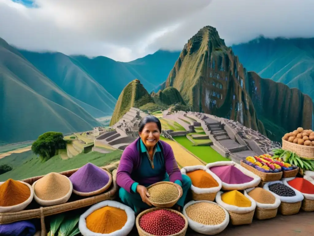 Un mercado peruano rebosante de superalimentos coloridos, con un paisaje andino de fondo