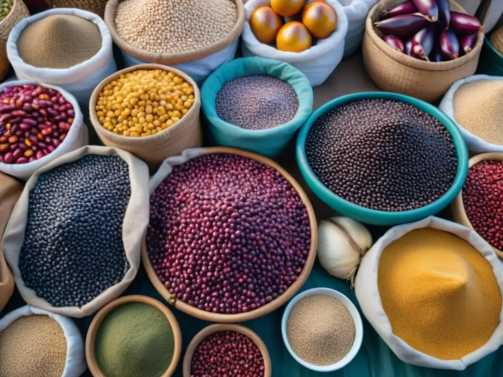 Mercado peruano: colores y superalimentos en la abundancia Un mercado peruano rebosante de superfoods frescos en una escena colorida bajo el cálido sol, reflejando la rica herencia culinaria de Perú