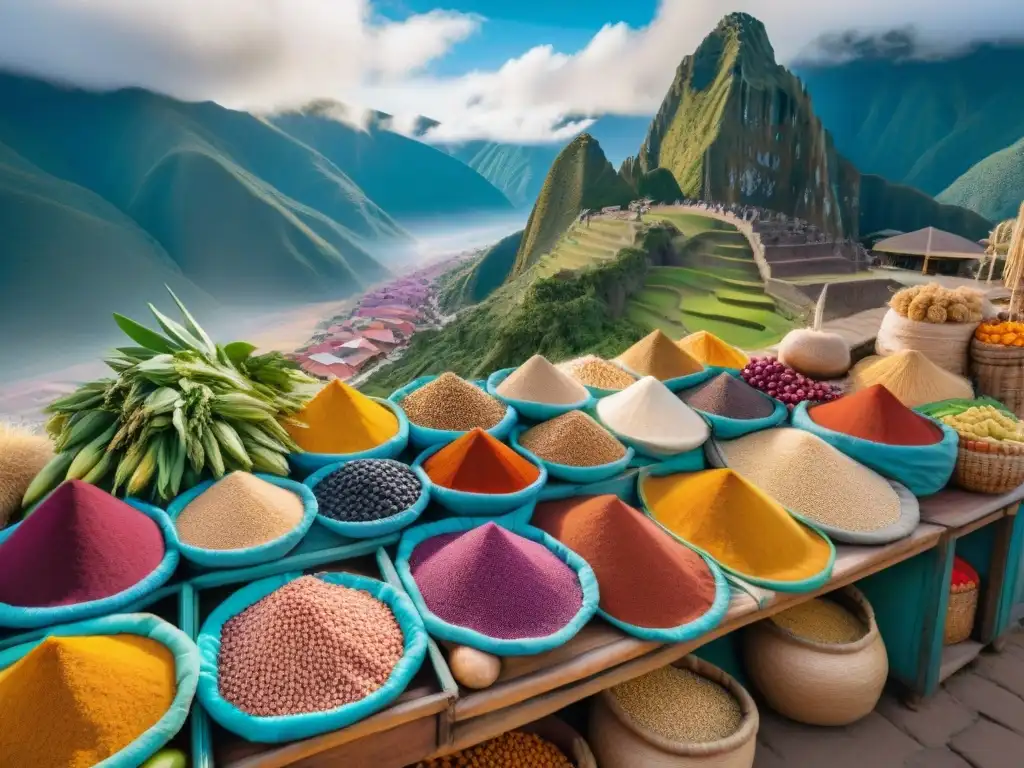 Mercado andino: colorida explosión de superalimentos peruanos Un mercado peruano rebosante de superfoods andinos - quinoa, maca, maíz morado - entre textiles y montañas