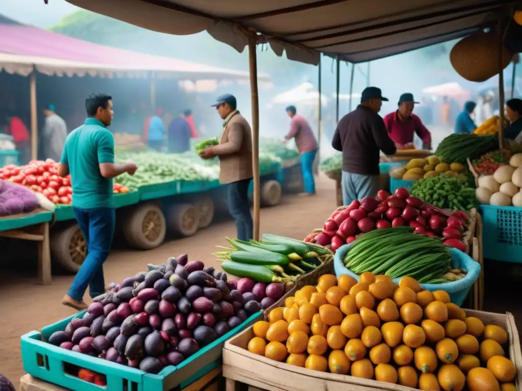 Un mercado peruano rebosante de vegetales frescos, colores vibrantes y una autenticidad que define la cocina peruana