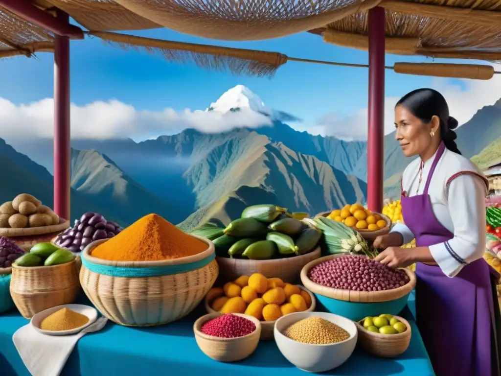 Un mercado peruano rebosante de vida y color con ingredientes autóctonos y vendedores locales en trajes tradicionales