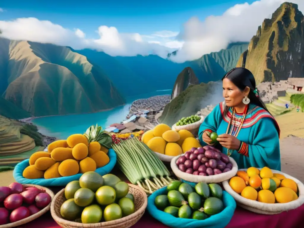 Mercado peruano rebosante de vida, colores y sabores autóctonos, reflejando la rica gastronomía peruana ingredientes autóctonos