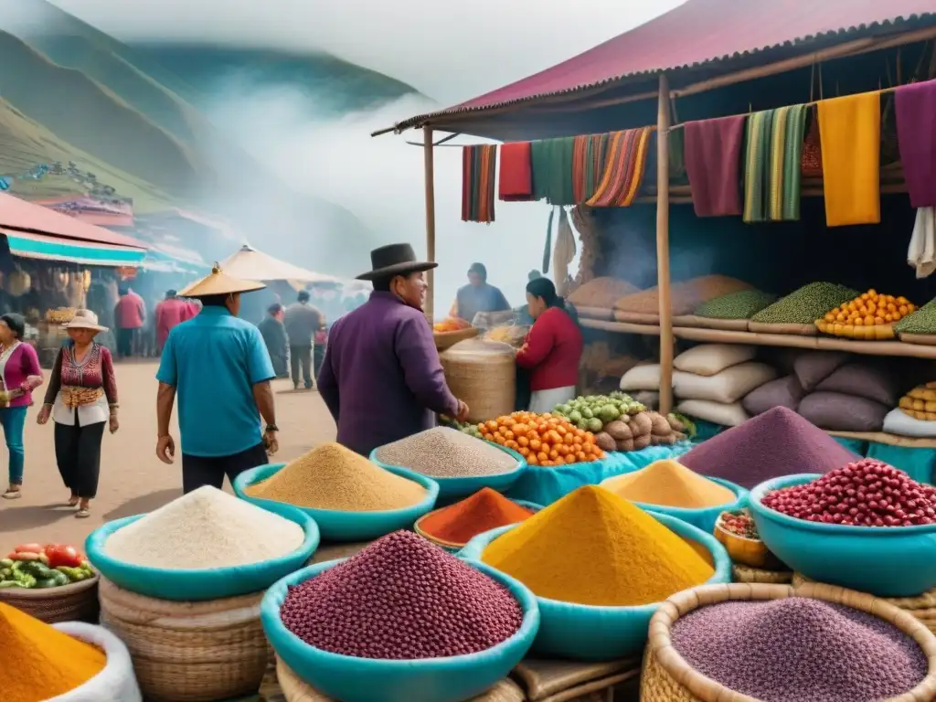 Un mercado peruano rebosante de vida y color, con ingredientes autóctonos y vendedores locales