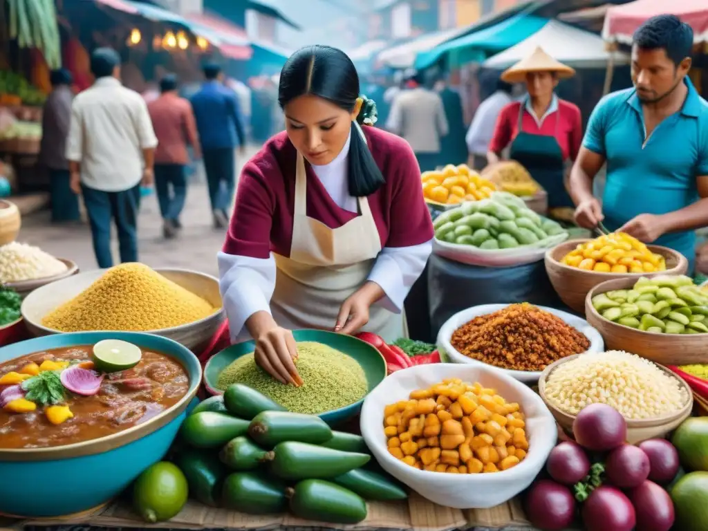 Un mercado peruano rebosante de vida y colores, con platos tradicionales y fusiones culinarias que despiertan los sentidos