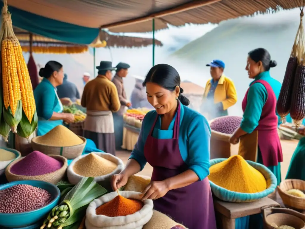 Un mercado peruano rebosante de vida, con ingredientes autóctonos vibrantes y vendedores locales interactuando con clientes