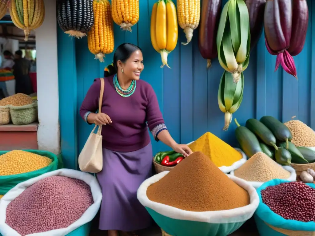 Un mercado peruano rebosante de vida con ingredientes autóctonos y cultura vibrante