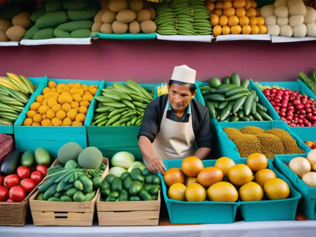 Mercado peruano rebosante de vida con puestos coloridos de ingredientes autóctonos