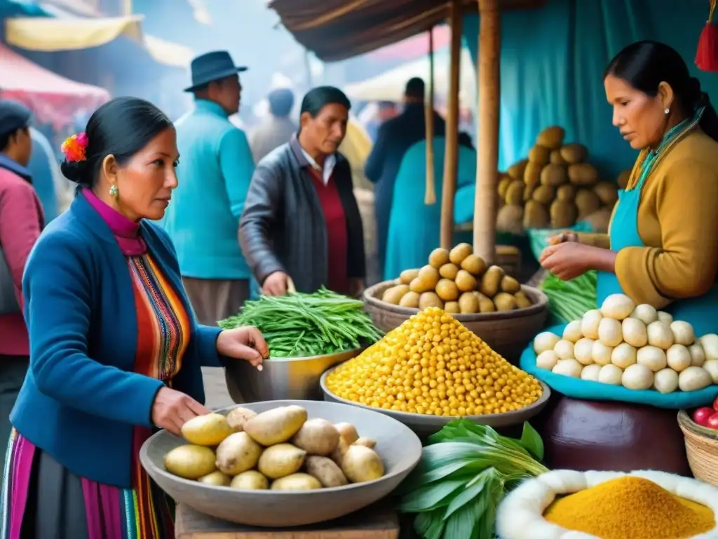 Un mercado peruano rebosante de vida y color, donde los vendedores exhiben ingredientes locales para sopas peruanas tradicionales autóctonas