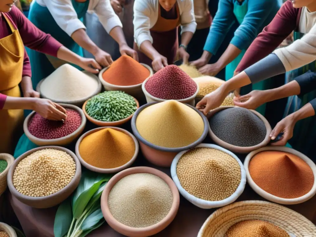 Un mercado peruano rebosante de vida, con vibrantes supergranos y chefs locales