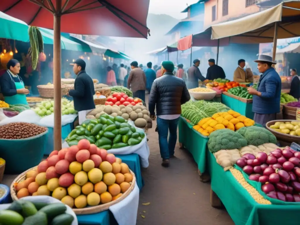 Un mercado peruano rebosante de vida y color, reflejando la diversidad culinaria del país