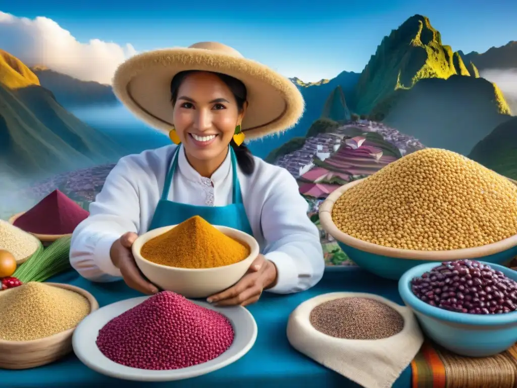 Mercado peruano con superalimentos coloridos como quinua y maíz morado