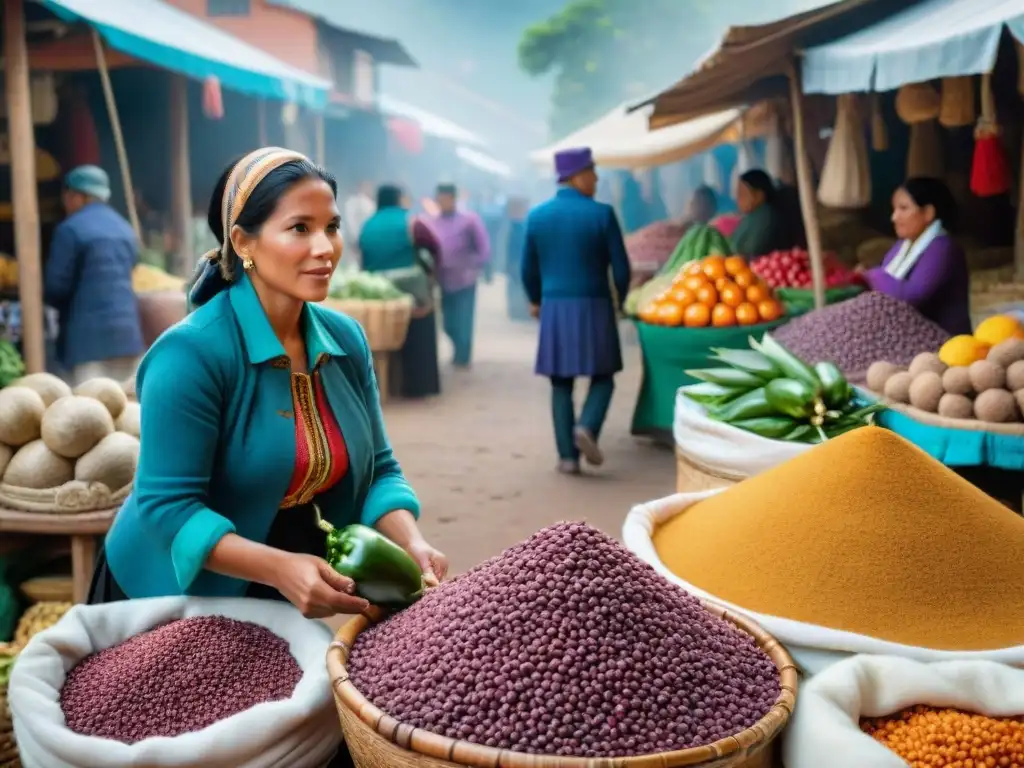 Mercado peruano tradicional con Gastronomía peruana ingredientes autóctonos