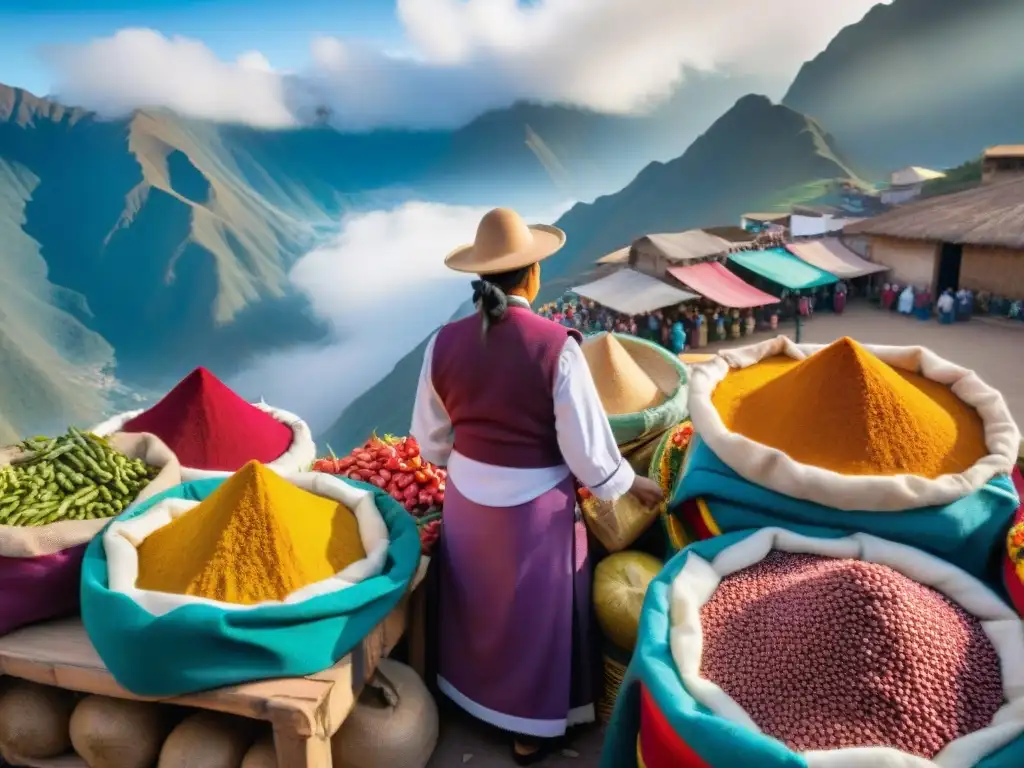 Mercado peruano tradicional con ingredientes autóctonos, colores vibrantes y vendedores locales