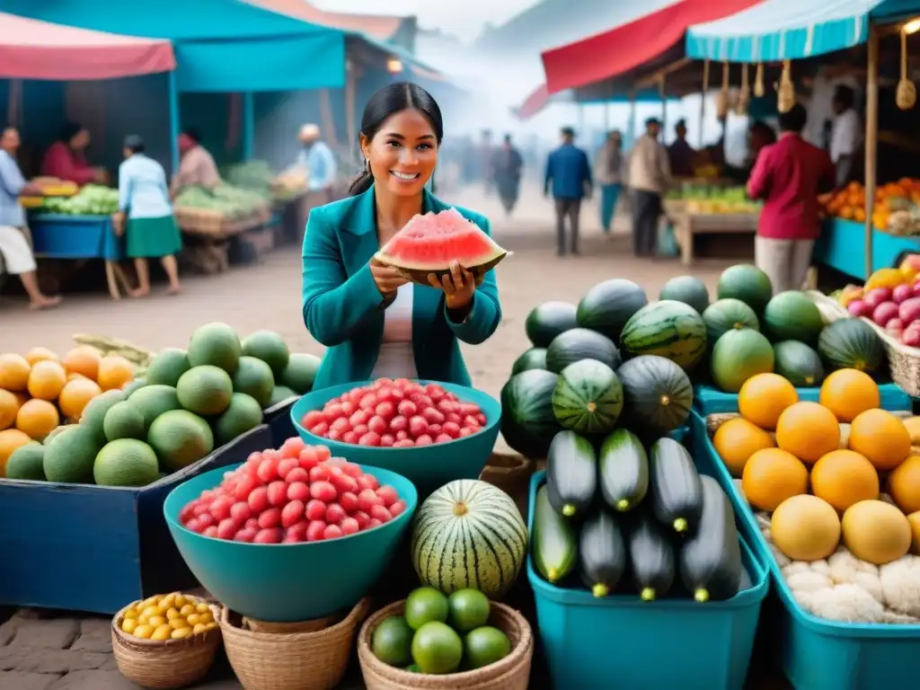 Un mercado peruano tradicional lleno de vida, con frutas y verduras coloridas