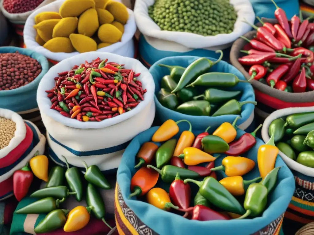 Un mercado peruano tradicional lleno de vida, destacando los vibrantes Ajíes en diferentes colores y formas