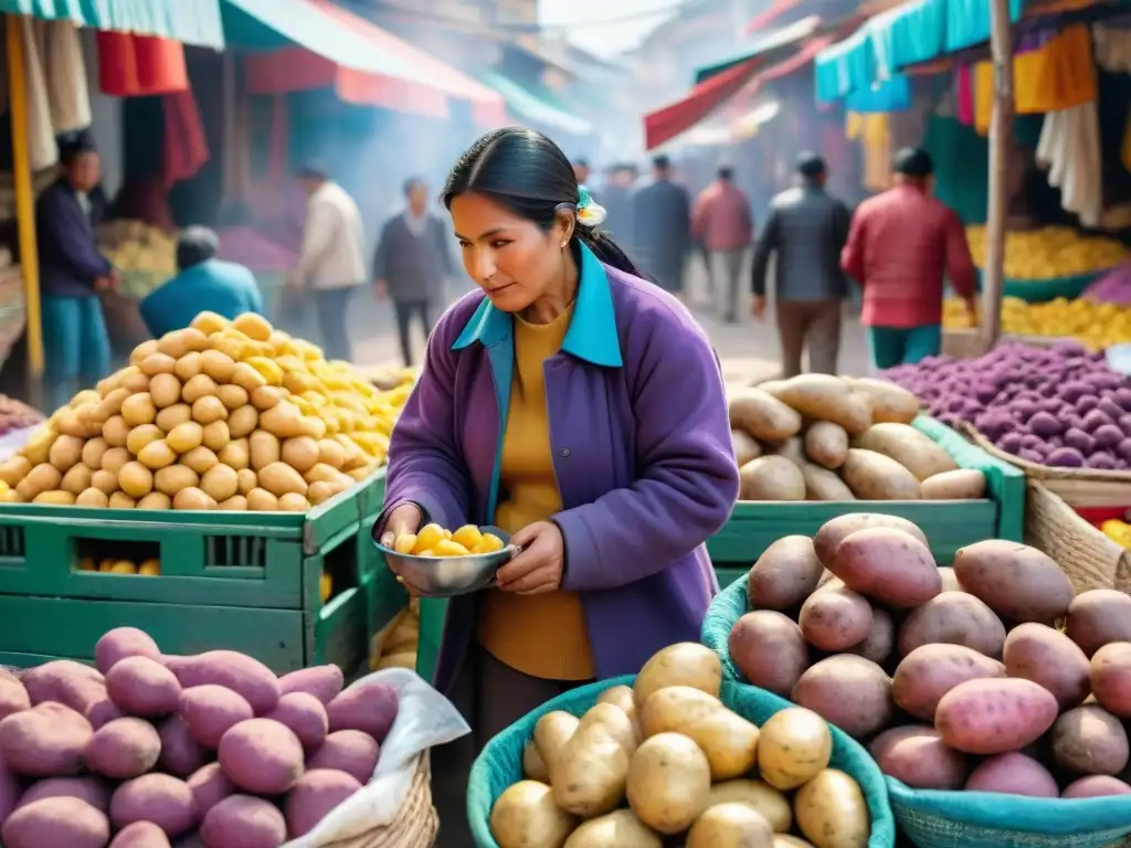 Un mercado peruano tradicional con papas de colores y vendedores locales