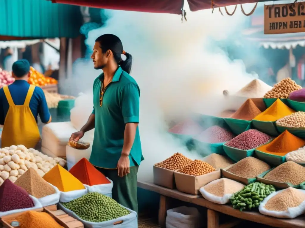 Un mercado peruano tradicional rebosante de vida con ingredientes únicos para la receta horchata peruana de arroz