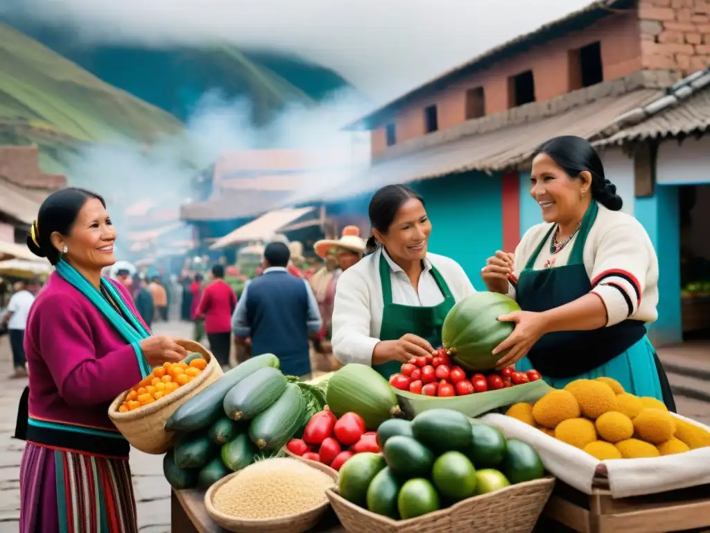 Mercado peruano tradicional rebosante de vida, con frutas, verduras y especias coloridas