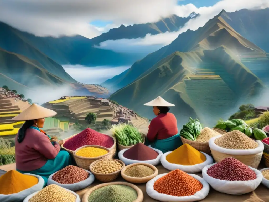 Un mercado peruano tradicional rebosante de vida y color, con supergranos en cestas tejidas y la majestuosa cordillera de los Andes de fondo