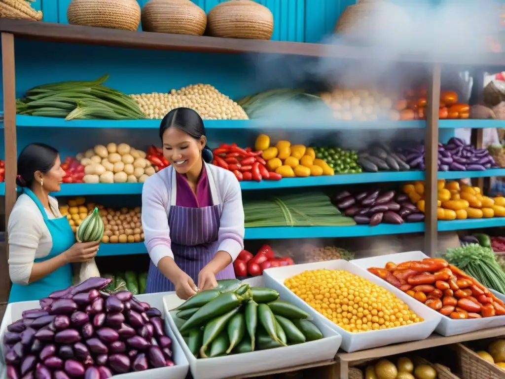 Un mercado peruano tradicional rebosante de vida y color, con vistosos productos frescos y mujeres preparando ceviche