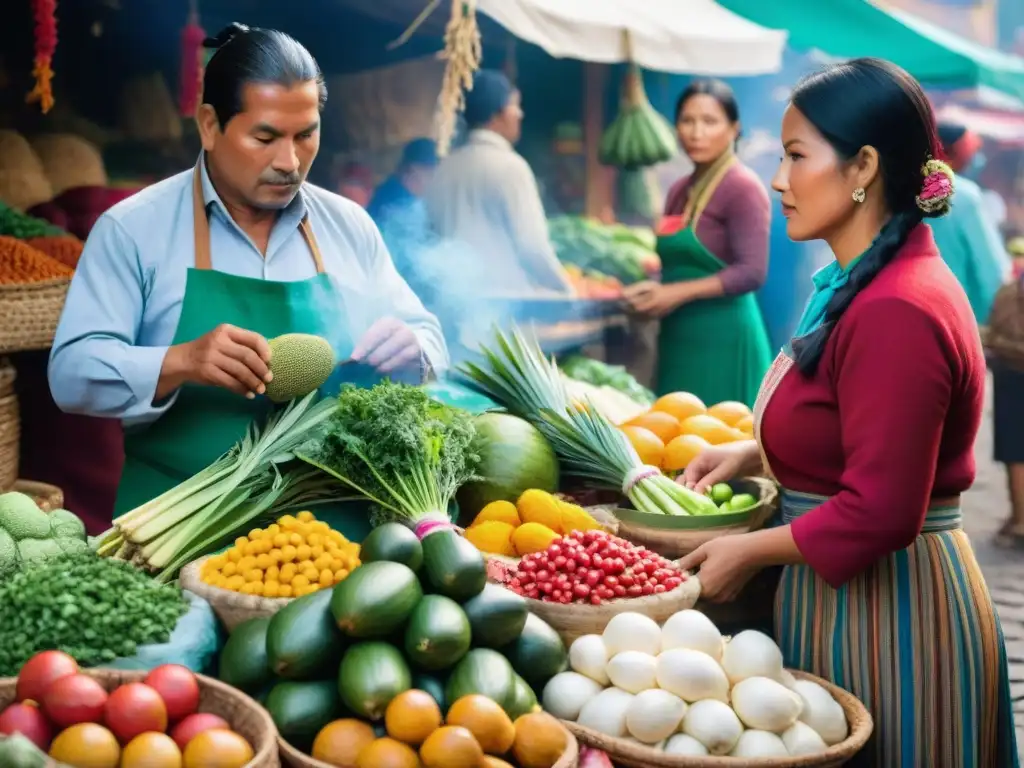 Un mercado peruano tradicional rebosante de vida y color, donde se fusionan libros, alimentación y medicina tradicional peruana