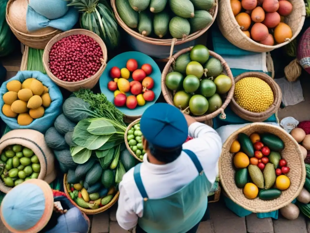 Un mercado peruano tradicional rebosante de vida y color, con frutas, verduras y hierbas únicas