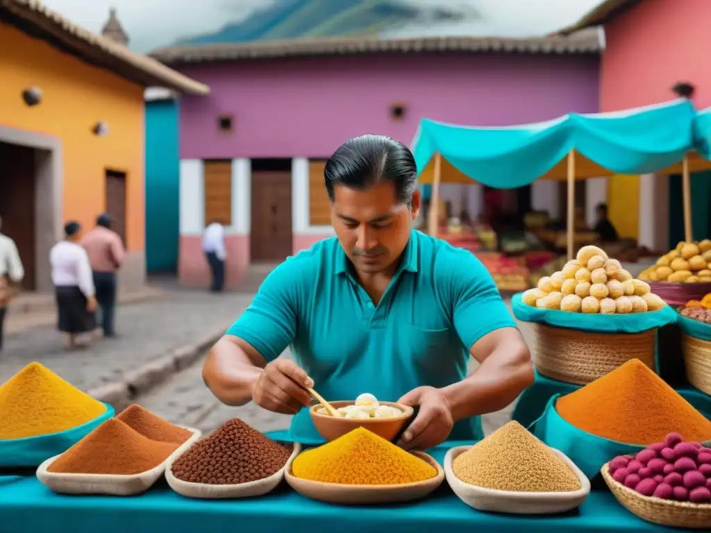 Un mercado peruano tradicional rebosante de dulces peruanos coloridos y detalladamente diseñados