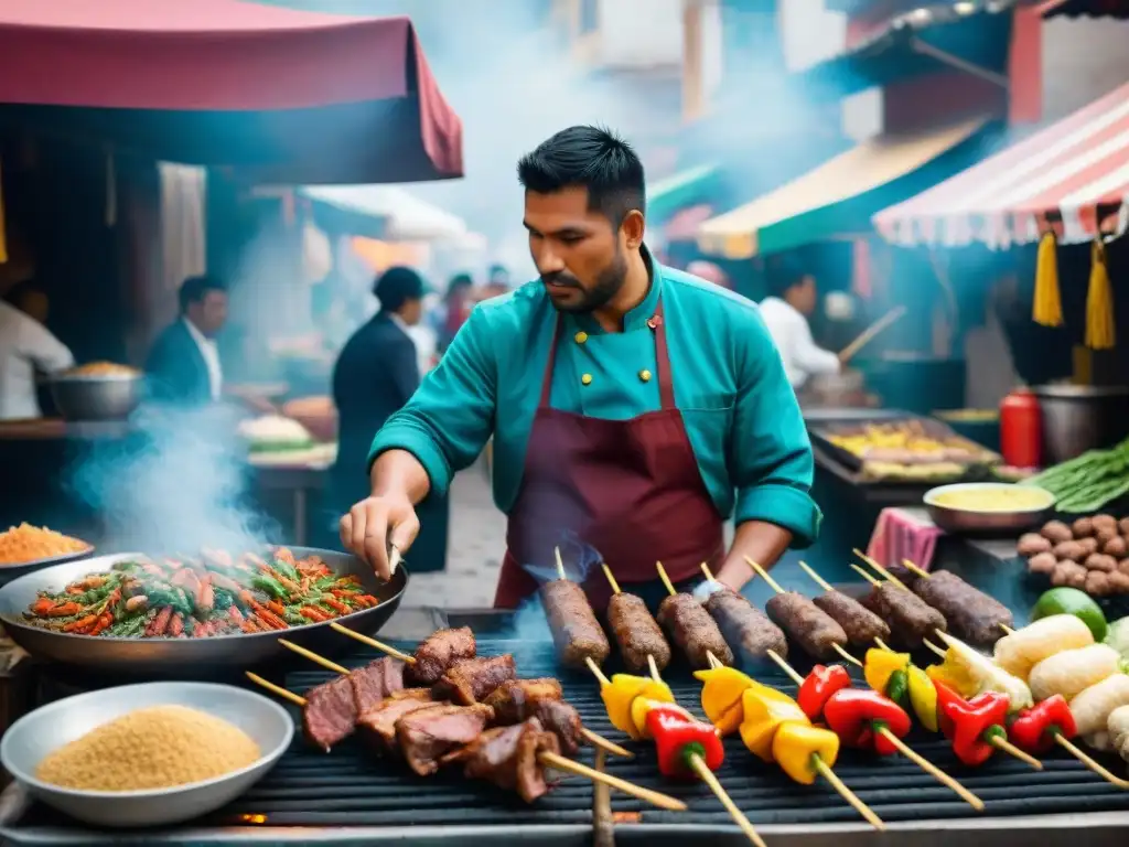 Un mercado peruano tradicional rebosante de vida y color, donde se preparan y disfrutan los Secretos del Anticucho Peruano