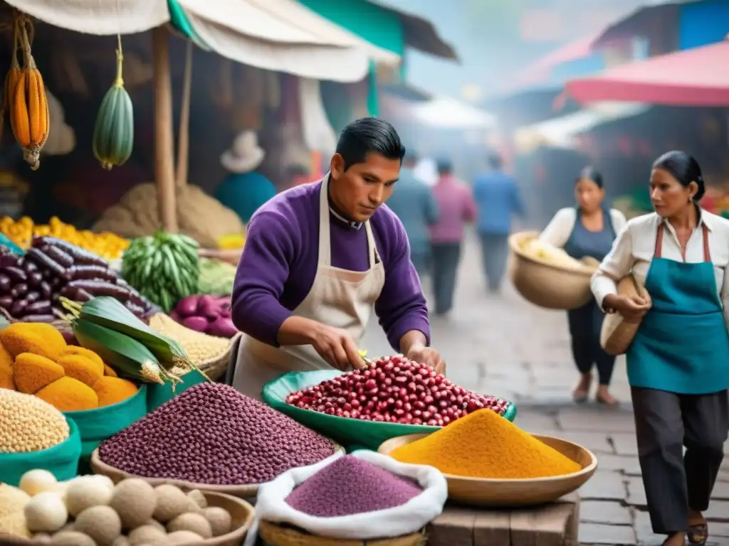 Un mercado peruano tradicional rebosante de vida con ingredientes autóctonos vibrantes, destacando la conexión con la cocina molecular peruana