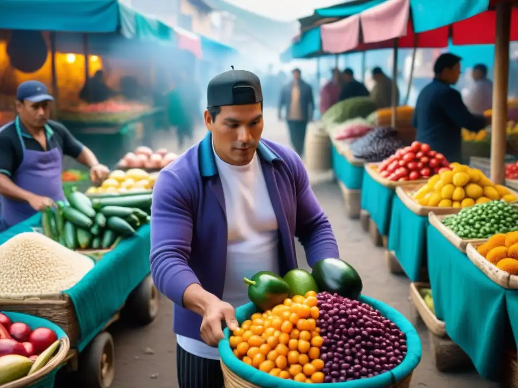 Un mercado peruano tradicional rebosante de vida y color, mostrando la rica gastronomía peruana autóctona