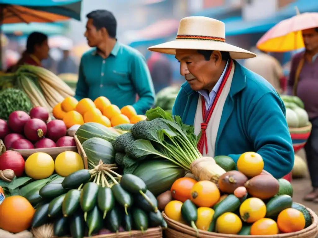 Un mercado peruano tradicional rebosante de vida y color, reflejando la biodiversidad culinaria peruana en platos tradicionales