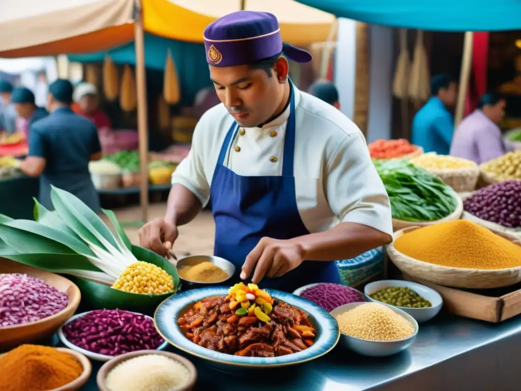 Un mercado peruano tradicional rebosante de colores vibrantes y una variedad de ingredientes autóctonos