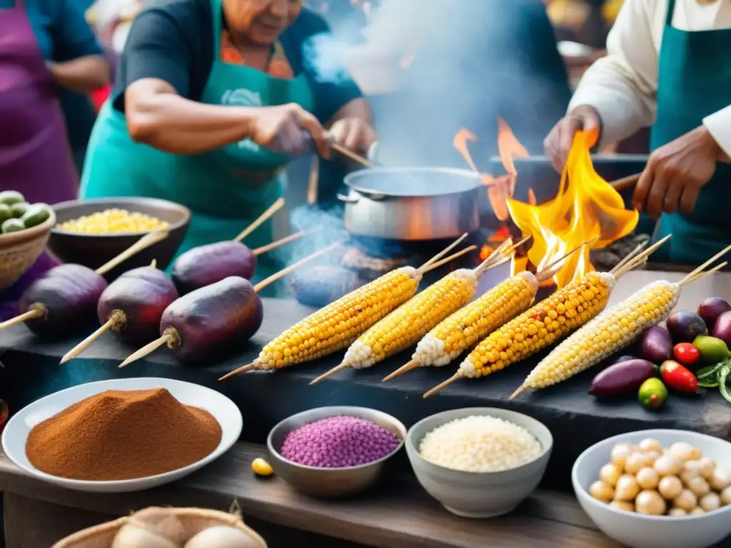 Un mercado peruano tradicional rebosante de vida y colores, con ingredientes autóctonos para la preparación de anticuchos