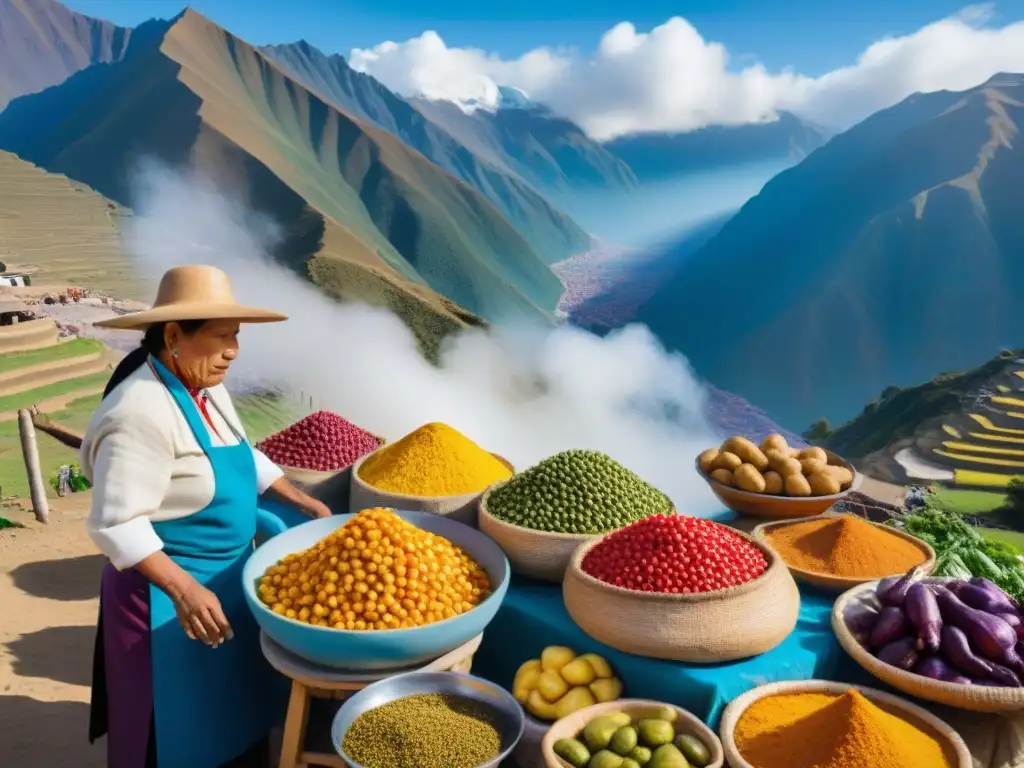 Un mercado peruano tradicional rebosante de vida, con ingredientes autóctonos vibrantes y vendedores locales bajo el cielo azul