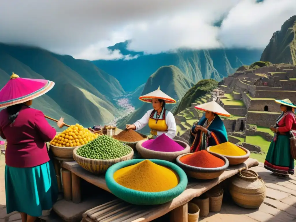 Un mercado peruano tradicional rebosante de vida y color, donde se venden chicha morada, mate de coca y emoliente