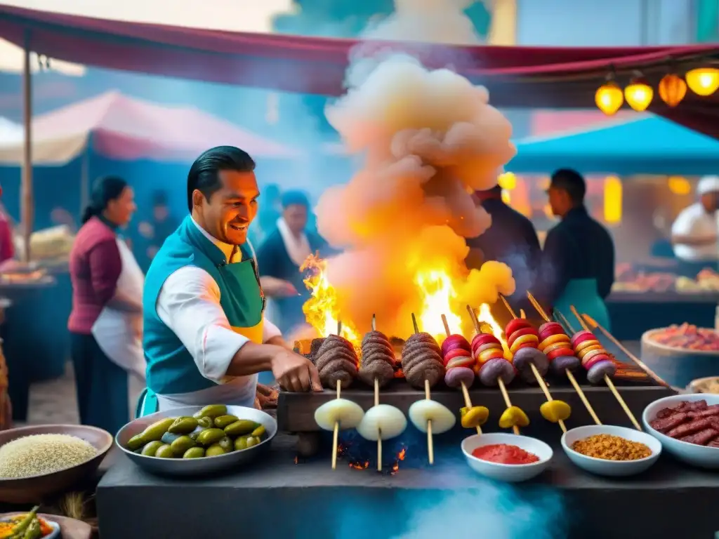 Un mercado peruano tradicional rebosante de vida, con puestos coloridos y alimentos frescos