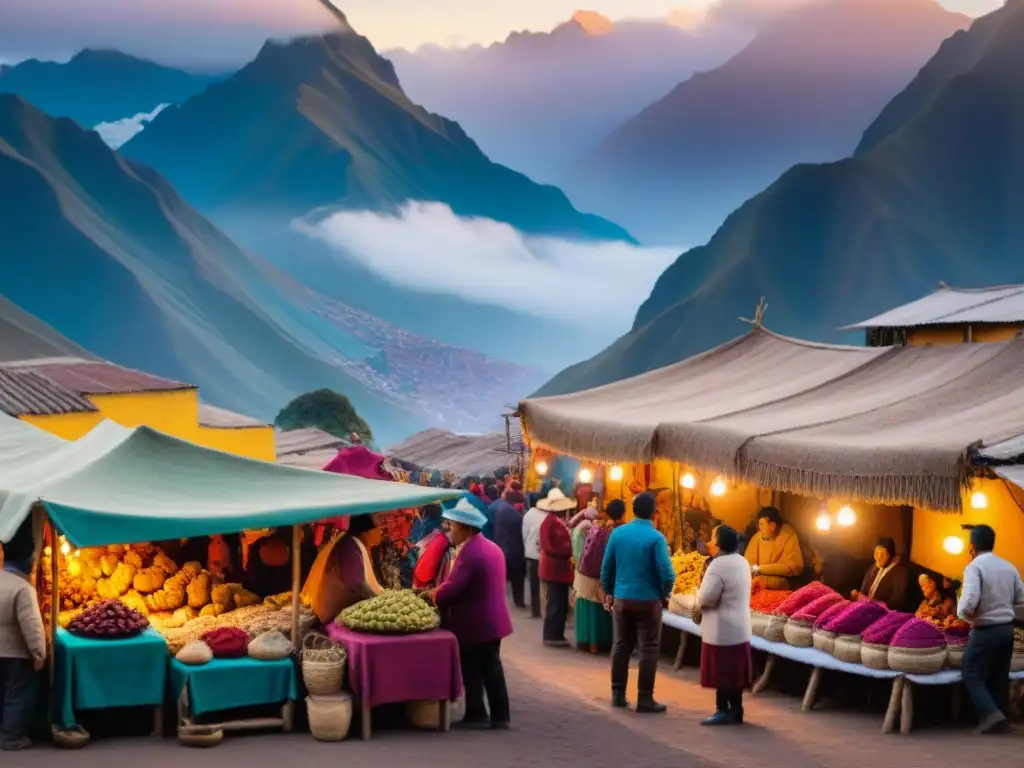 Un mercado peruano tradicional rebosante de vida con chicha morada, botellas de pisco y textiles andinos coloridos