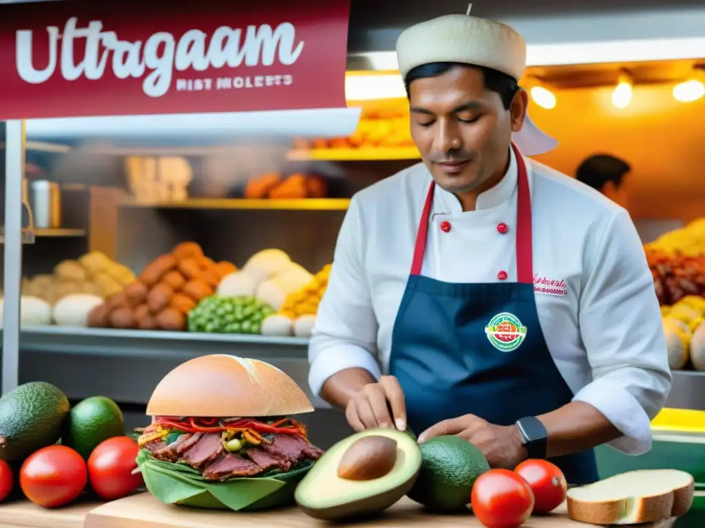 Un mercado peruano tradicional rebosante de vida y color, donde se preparan sanguches con ingredientes autóctonos